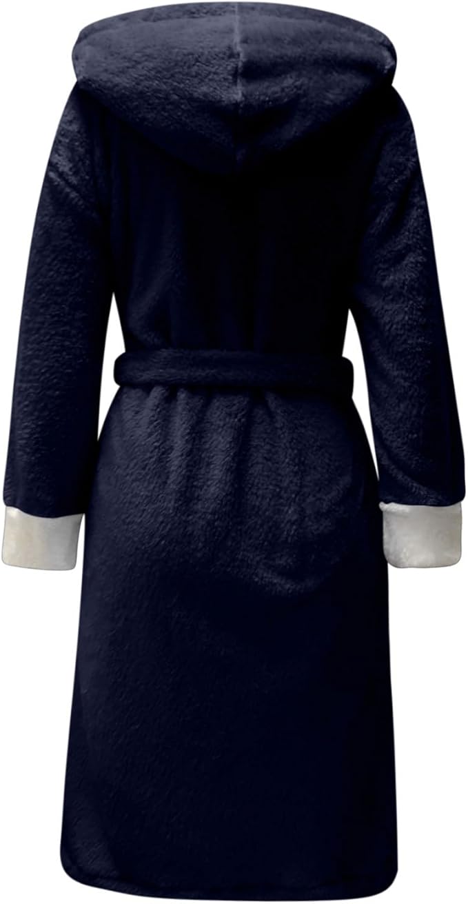 Fuzzy Plush Bathrobe Women Fashion Hooded Thicken Fleece Lined Warm Comfy Long Robe Flannel Loungewear