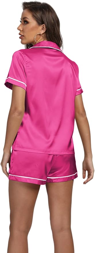 LYANER Women's Silky Satin Pajamas Set Short Sleeve Button Down Shirt With Shorts Pjs Set Sleepwear