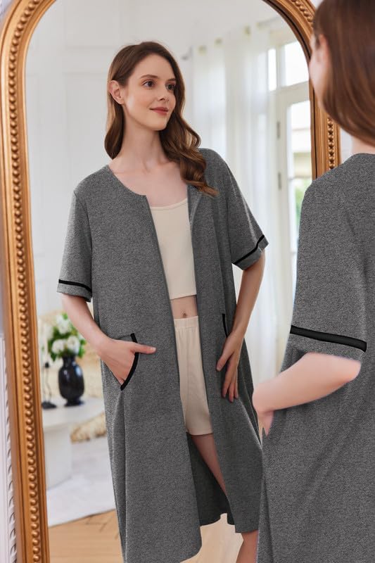 Ekouaer Women Zipper Robe Short Sleeve Duster Housecoat Short Bathrobes Zip Front Nightgown with Pockets S-3XL