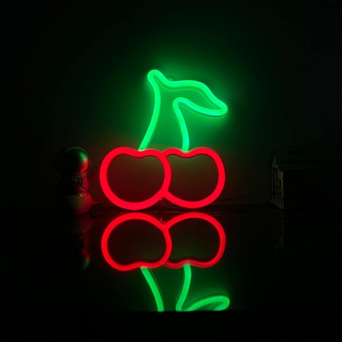 ENUOLI Cherry Light Neon Signs,Fruit Decorative Art Cherry Neon Lights for Wall Decor LED Signs for Bedroom,USB or Battery LED Light Up Signs for Christmas,Birthday,Wedding Party,Kids Room,Home Decor(Cherry)