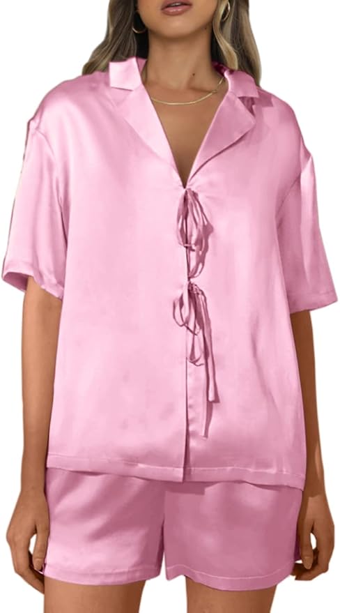 CHYRII Women's Silk Satin Pajamas Sets Tie Front Short Sleeve Tops and Shorts Two Piece Pj Sets Sleepwear