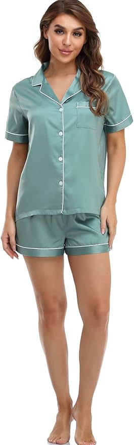 Serenedelicacy Women's Satin Pajama Set 2-Piece Sleepwear Loungewear Button Down Short Sleeve Silky PJ Set
