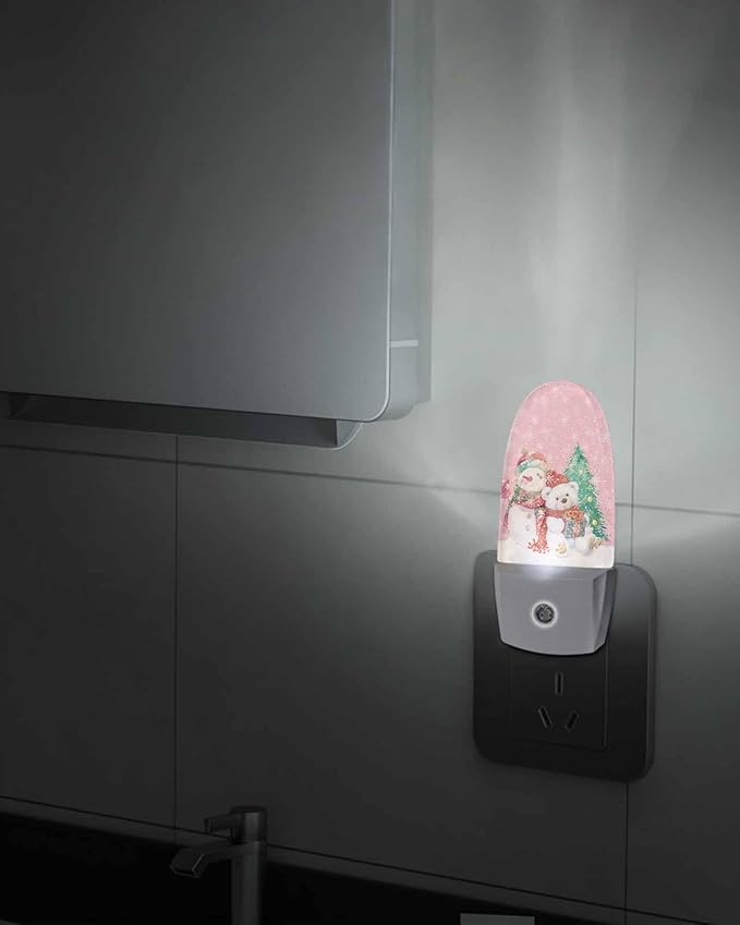 Night Light Plug into Wall, Winter Merry Xmas Happy Snowman Bear Christmas Tree Snowflake Peach Beige Popsicle Shape Night Light LED Nightlight with Light Sensors for Kids Bedroom Hallway