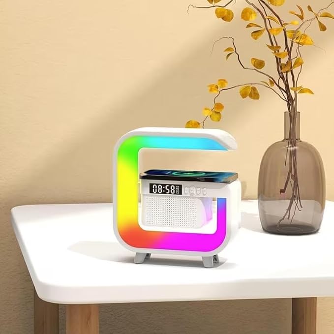LED Table Lamp Speaker with Wireless Charger, Night Light Lamp with Bluetooth Speaker, Sunrise Alarm Clock, Smart Mini Atmosphere Lamp for Bedroom, Office, Living Area (White)