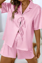 CHYRII Women's Silk Satin Pajamas Sets Tie Front Short Sleeve Tops and Shorts Two Piece Pj Sets Sleepwear