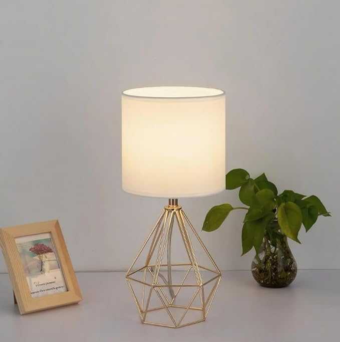 COTULIN Gold Modern Hollow Out Base Bedroom Small Table Lamp,Bedside Nightstand Lamp with Geometric Metal Base White Fabric Shade,Cute Desk Lamp for Kids Living Room