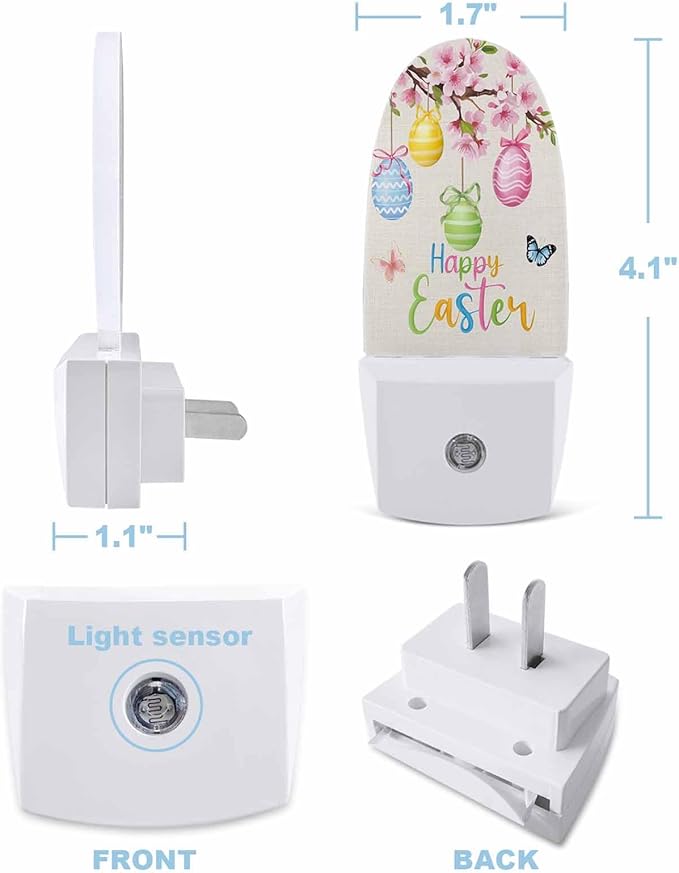 Happy Easter Eggs Floral Butterfly Night Light Plug into Wall, Blossom Peach on Burlap Popsicle Shape Night Light Nightlight with Light Sensors for Kids Bedroom Hallway