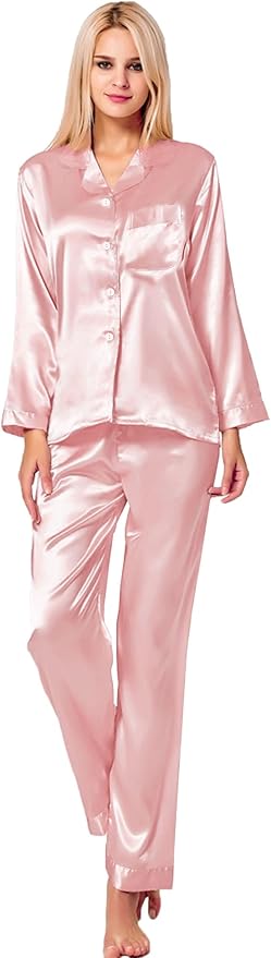 SWOMOG Long Sleeve Pajamas Set Silk Satin Sleepwear Button Down Pjs Loungewear with Pocket