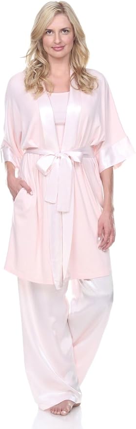 PJ Harlow Womens Shala-rib Knit Camono Robe With Satin Belt and Trim