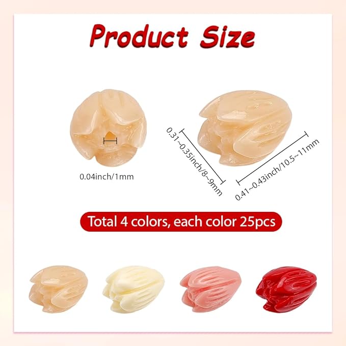 100Pcs 9x11mm 4 Colors Pikake Flower Beads 3D Floral Beads Summer Colorful Artificial Red Carved Jasmine Synthetic Coral Smooth Spacers Findings for Jewelry Making Bracelets Necklaces Adults