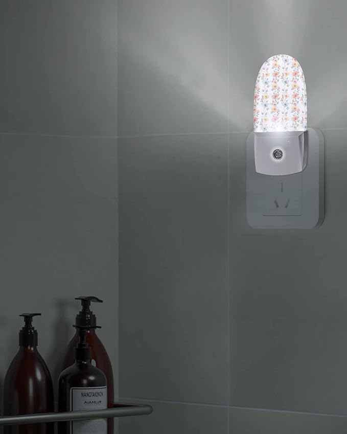 Night Light Plug into Wall, Spring Summer Floral Flowers Leaves Peach Yellow Light Blue Grey White Popsicle Shape Night Light LED Nightlight with Light Sensors for Kids Bedroom Hallway