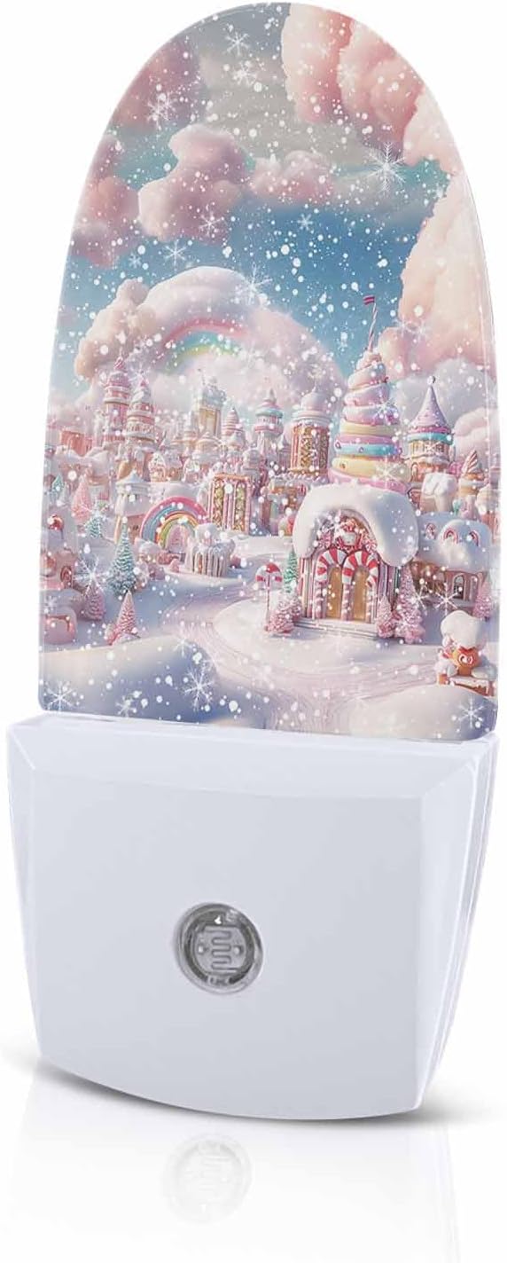 Christmas Peach Candy Town Cloud Night Light Plug into Wall, Winter Snow Scenery Cartoon Sky Blue Popsicle Shape Night Light LED Nightlight with Light Sensors for Kids Bedroom Hallway