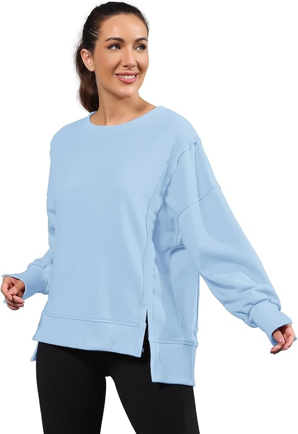 Nirovien Womens Oversized Crewneck Sweatshirt Side Slit Long Sleeve Pullover Slouchy Fit Tops