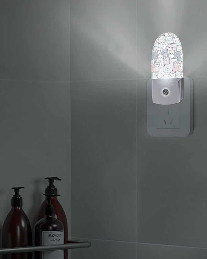 Night Light Plug into Wall, Cats Animals Lines Cute Peach Gray White Pale Turquoise Popsicle Shape Night Light LED Nightlight with Light Sensors for Kids Bedroom Hallway