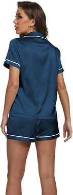 LYANER Women's Silky Satin Pajamas Set Short Sleeve Button Down Shirt With Shorts Pjs Set Sleepwear