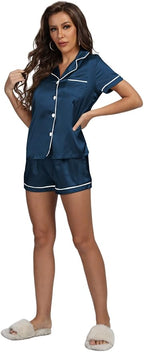 LYANER Women's Silky Satin Pajamas Set Short Sleeve Button Down Shirt With Shorts Pjs Set Sleepwear