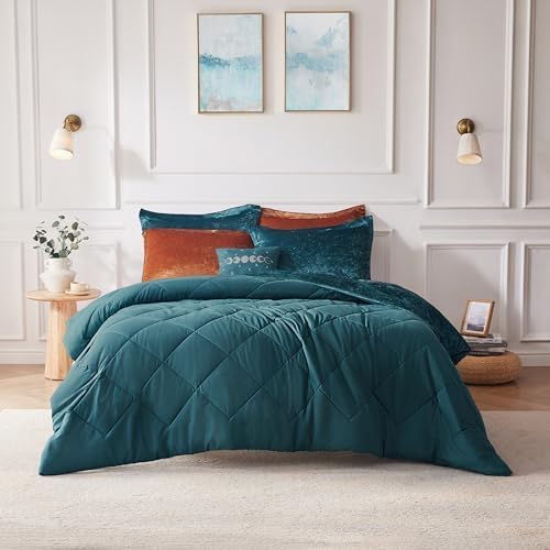 Intelligent Design Twin Comforter Set, Velvet Comforter Set , Luxury Diamond Quilting Comforter Set, Fluffy Comforter Bed Set with Decorative Pillowand 1 Sham, 3 Piece Teal, Twin/Twin XL