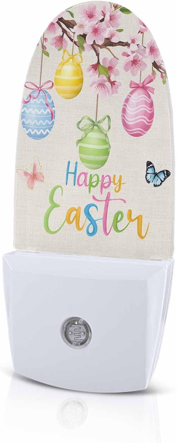 Happy Easter Eggs Floral Butterfly Night Light Plug into Wall, Blossom Peach on Burlap Popsicle Shape Night Light Nightlight with Light Sensors for Kids Bedroom Hallway