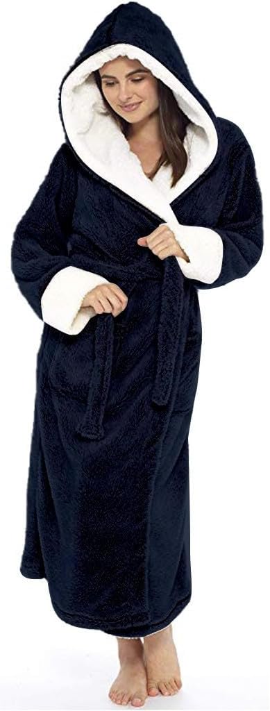 Fuzzy Plush Bathrobe Women Fashion Hooded Thicken Fleece Lined Warm Comfy Long Robe Flannel Loungewear