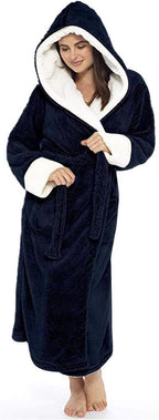 Fuzzy Plush Bathrobe Women Fashion Hooded Thicken Fleece Lined Warm Comfy Long Robe Flannel Loungewear