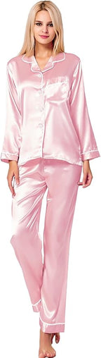 SWOMOG Womens Silk Satin Pajamas Set Long Sleeve Button Down Sleepwear 2 Piece Lounge Set Pj Set XS-3XL