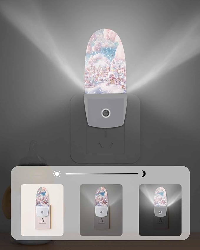Christmas Peach Candy Town Cloud Night Light Plug into Wall, Winter Snow Scenery Cartoon Sky Blue Popsicle Shape Night Light LED Nightlight with Light Sensors for Kids Bedroom Hallway