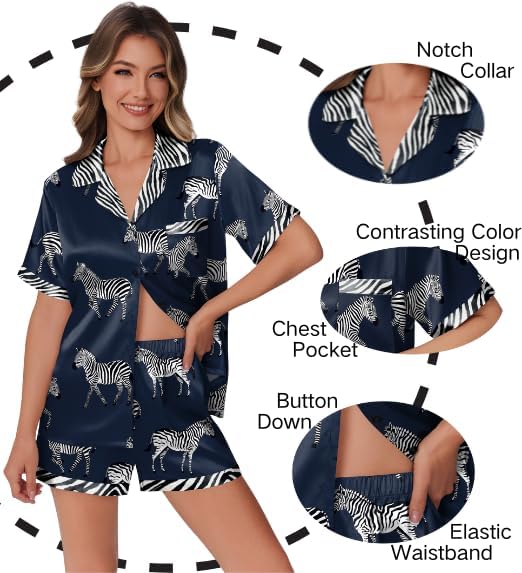 Ekouaer Womens Silk Satin Pajamas Set Animals Print Pjs Button Down Short Sleeve Lounge Set 2 Piece Sleepwear