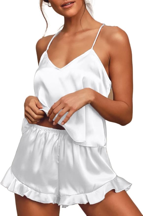 CHYRII Women's Sexy Silk Satin Ruffled Pajamas Sets Cami Shorts Sets Sleepwear