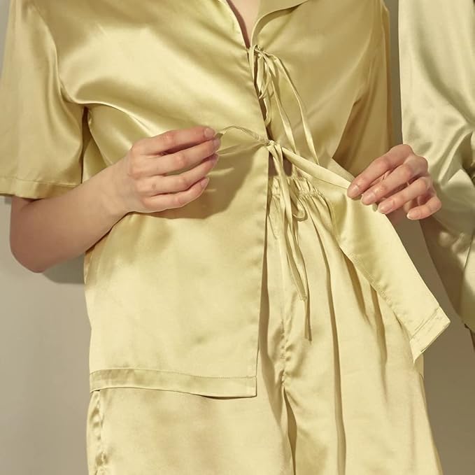 CHYRII Women's Silk Satin Pajamas Sets Tie Front Short Sleeve Tops and Shorts Two Piece Pj Sets Sleepwear