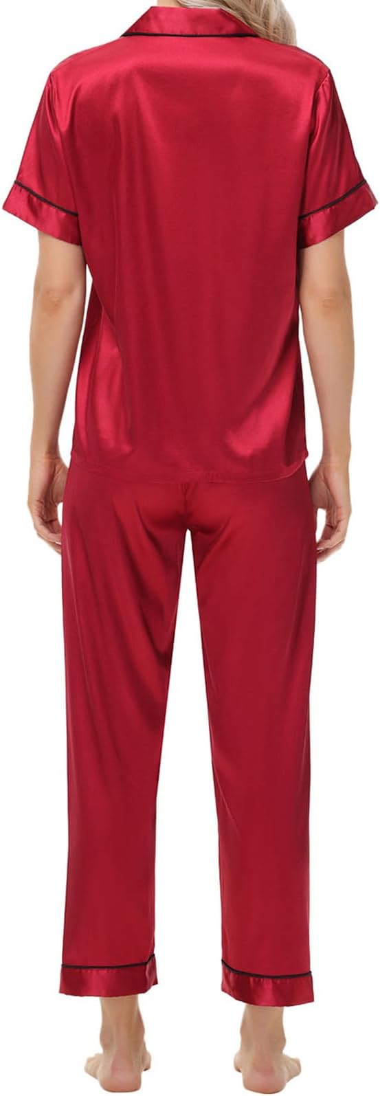 Women's Satin Pajama Set Short Sleeve Silk Top and Pants Set Classic Button Down 2-Piece Sleepwear Loungewear