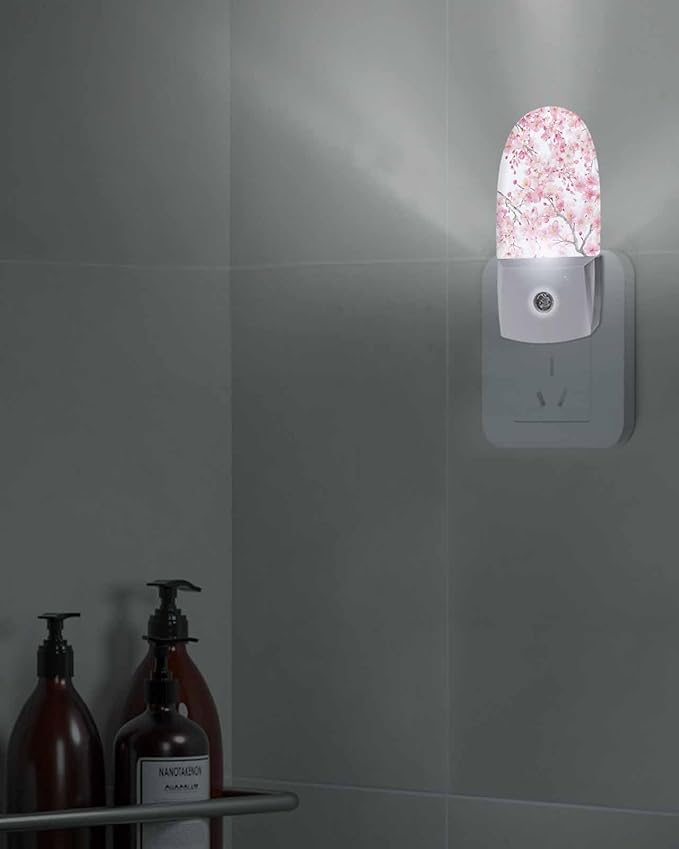Spring Pink Blossom Peach Night Light Plug into Wall, Watercolor Flower Tree Branch Popsicle Shape Night Light Nightlight with Light Sensors for Kids Bedroom Hallway