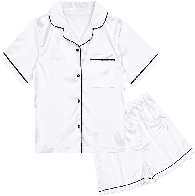 QPANCY Kids Satin Pajamas Sets Baby Boy Girl Button-Down Silk Sleepwear 2 Piece Short Sleeve Loungewear Clothes Set
