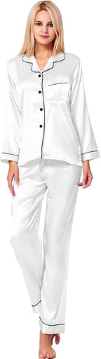 SWOMOG Womens Silk Satin Pajamas Set Long Sleeve Button Down Sleepwear 2 Piece Lounge Set Pj Set XS-3XL