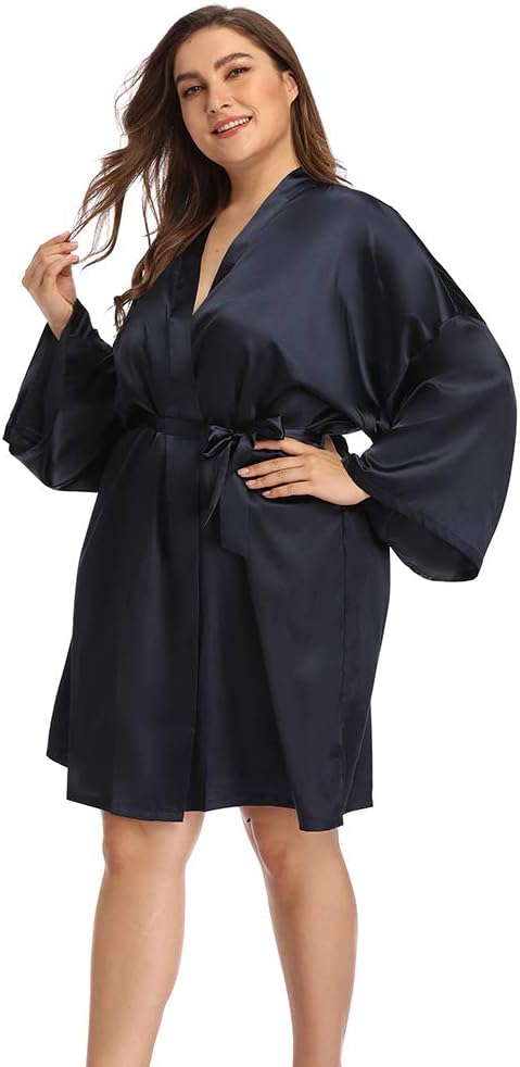 Women's Plus Size Short Satin Kimono Robes Sleepwear Bathrobes Silky Dressing Gown