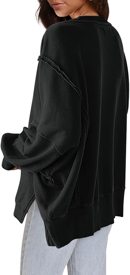 Nirovien Womens Oversized Crewneck Sweatshirt Side Slit Long Sleeve Pullover Slouchy Fit Tops