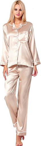 SWOMOG Womens Silk Satin Pajamas Set Long Sleeve Button Down Sleepwear 2 Piece Lounge Set Pj Set XS-3XL