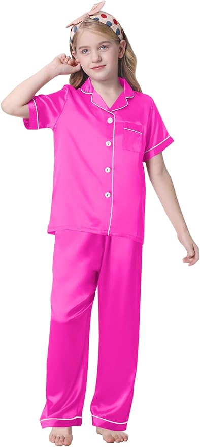 Umeyda Girls Womens Pajamas Set, Satin Silky Button Down Loungewear 2 Piece Short Sleeve Pants PJS Sets for Mommy Kids