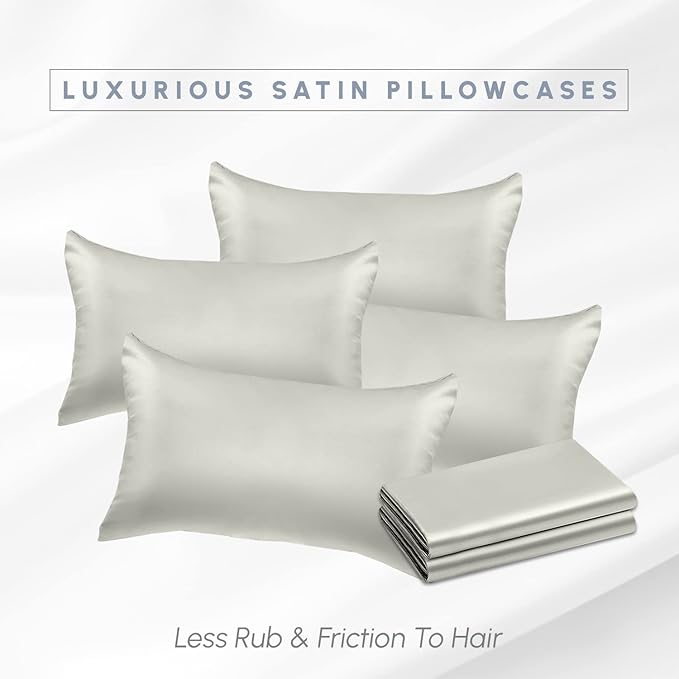 Elegant Comfort 6-Pack Cooling Viscose Satin Pillowcase Set with Hidden Zipper Closure, Silky Smooth for Hair and Skin Care-Beautiful Gift Box-6-Piece Satin Pillowcase Set, Standard/Queen, Light Jade