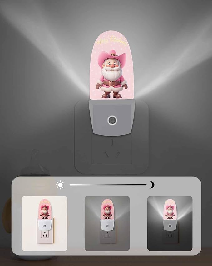 Night Light Plug into Wall, Winter Xmas Peach Western Cowboy Santa Claus Snowflake Texture Vintage Popsicle Shape Night Light LED Nightlight with Light Sensors for Kids Bedroom Hallway