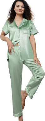 WJing Yi Jia Womens Pajamas Set XS-4XL Floral Silk Satin Pajama Sets Silky Pj Sets 2Pcs Loungewear Sleepwear Button Down Pjs