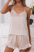 CHYRII Women's Sexy Silk Satin Ruffled Pajamas Sets Cami Shorts Sets Sleepwear