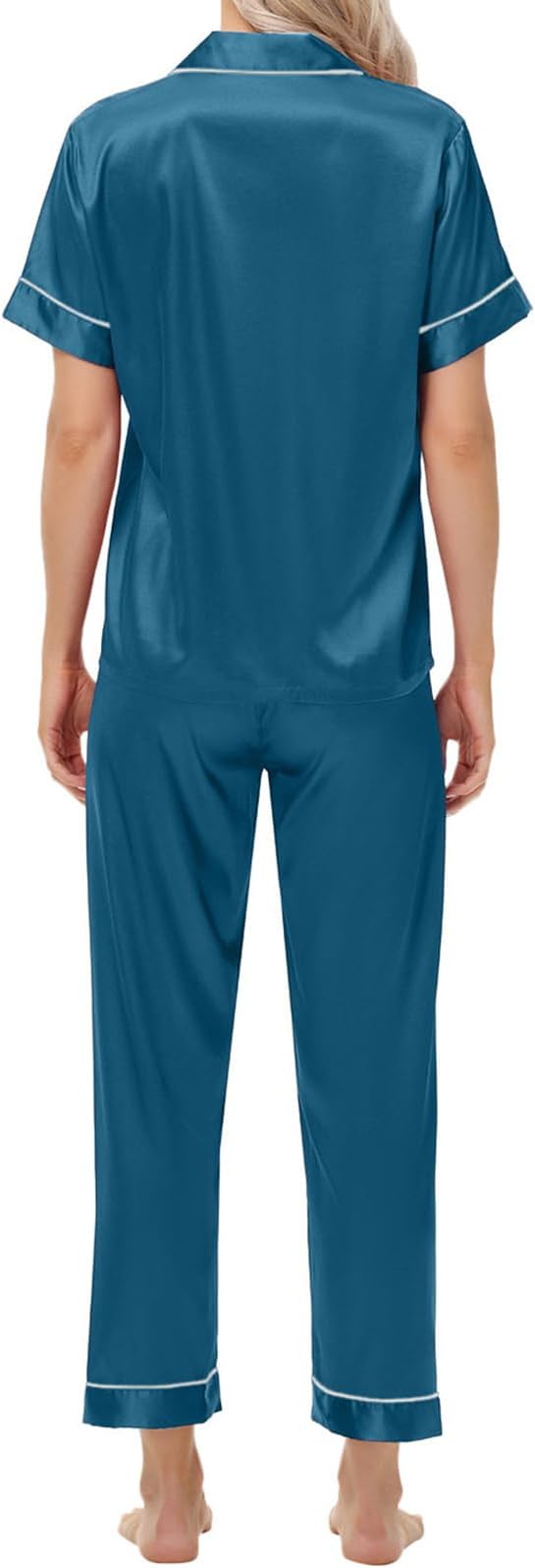 Women's Satin Pajama Set Short Sleeve Silk Top and Pants Set Classic Button Down 2-Piece Sleepwear Loungewear