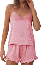 CHYRII Women's Sexy Silk Satin Ruffled Pajamas Sets Cami Shorts Sets Sleepwear