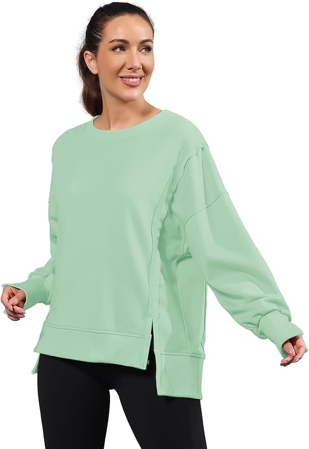 Nirovien Womens Oversized Crewneck Sweatshirt Side Slit Long Sleeve Pullover Slouchy Fit Tops