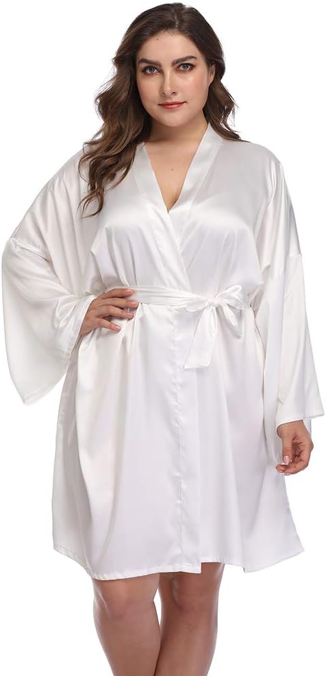 Women's Plus Size Short Satin Kimono Robes Sleepwear Bathrobes Silky Dressing Gown