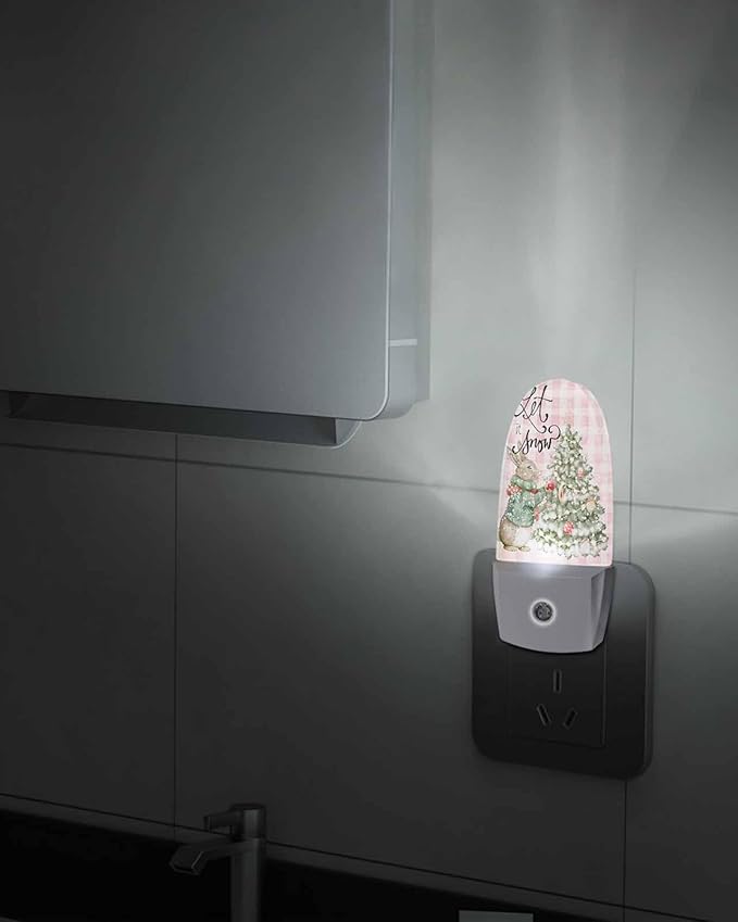 Night Light Plug into Wall, Xmas Winter Squirrel Santa Tree Snowflakes Dots Buffalo Gingham Vintage Peach Beige Popsicle Shape Night Light LED Nightlight with Light Sensors for Kids Bedroom Hallway
