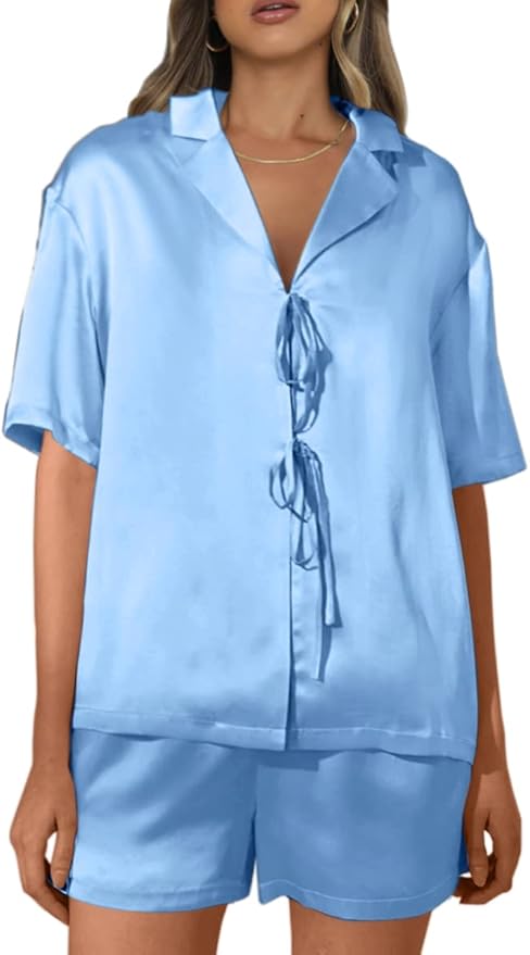 CHYRII Women's Silk Satin Pajamas Sets Tie Front Short Sleeve Tops and Shorts Two Piece Pj Sets Sleepwear