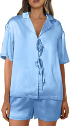 CHYRII Women's Silk Satin Pajamas Sets Tie Front Short Sleeve Tops and Shorts Two Piece Pj Sets Sleepwear