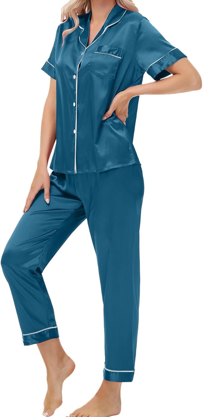 Women's Satin Pajama Set Short Sleeve Silk Top and Pants Set Classic Button Down 2-Piece Sleepwear Loungewear