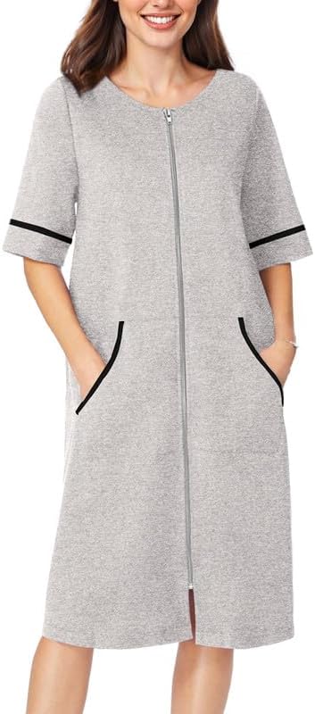 Ekouaer Women Zipper Robe Short Sleeve Duster Housecoat Short Bathrobes Zip Front Nightgown with Pockets S-3XL
